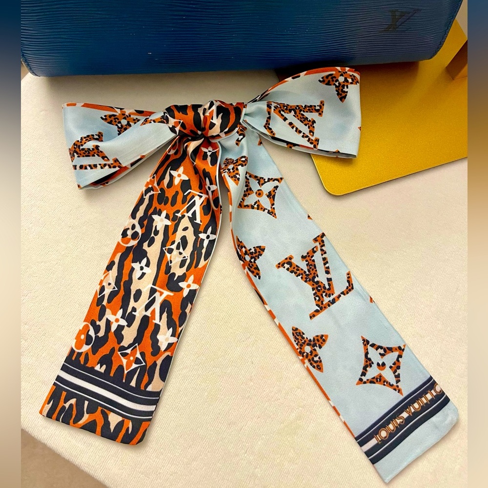 Chic Monogram Light Blue Orange Twilly
Bandeau Designer Patterned Scarf - Picture 2 of 5